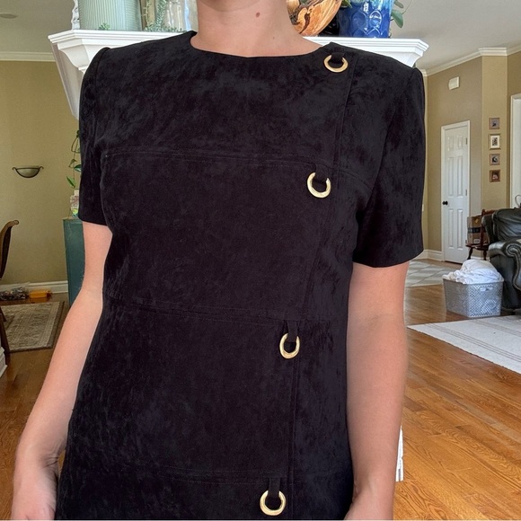 Vintage Black Faux Suede Sheath Dress with Gold Metal Hardware 90s Y2K - Picture 2 of 7